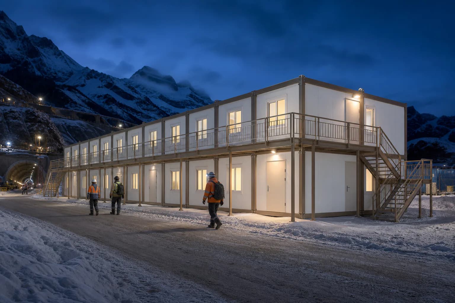 Dortoir en conteneurs Karmod éclairé au pied d'un tunnel alpin