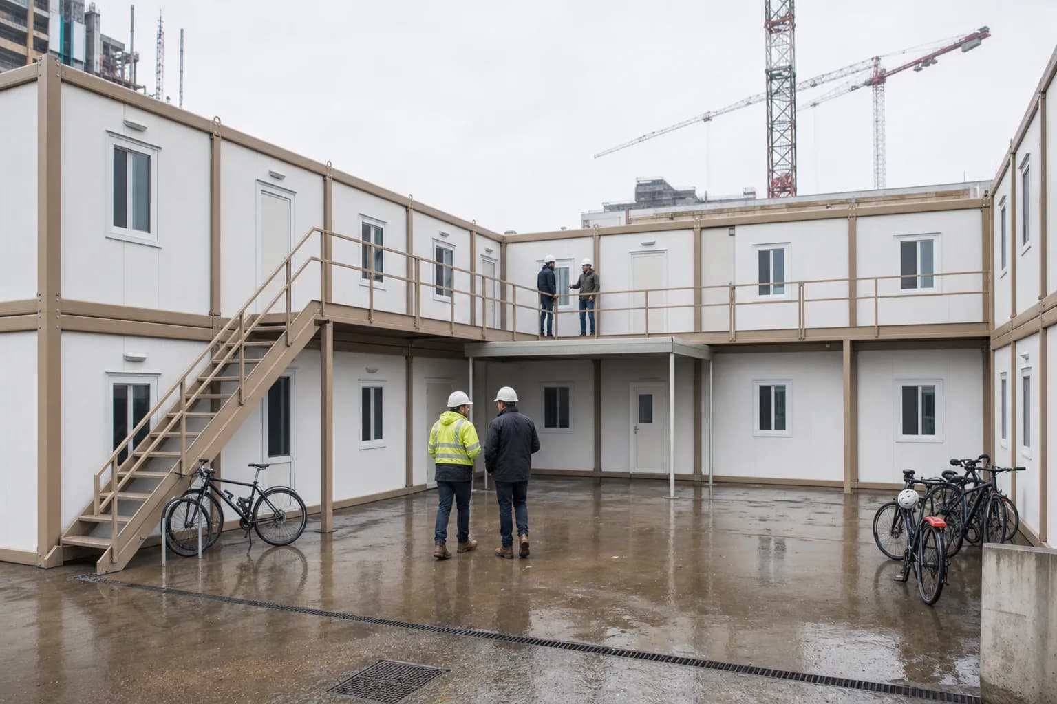 Cour intérieure des bureaux de chantier en conteneurs Karmod à Nantes