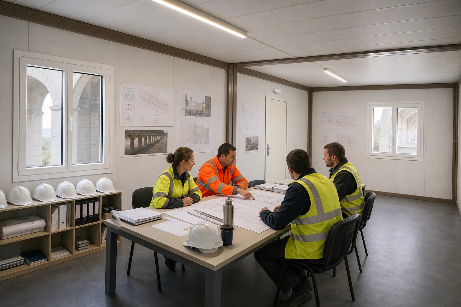 Salle de coordination assemblée dans la base vie du chantier ferroviaire