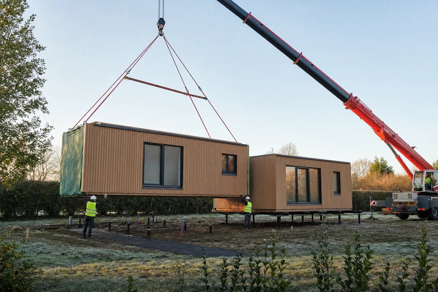 Assemblage des modules d'une maison modulaire Karmod sur site