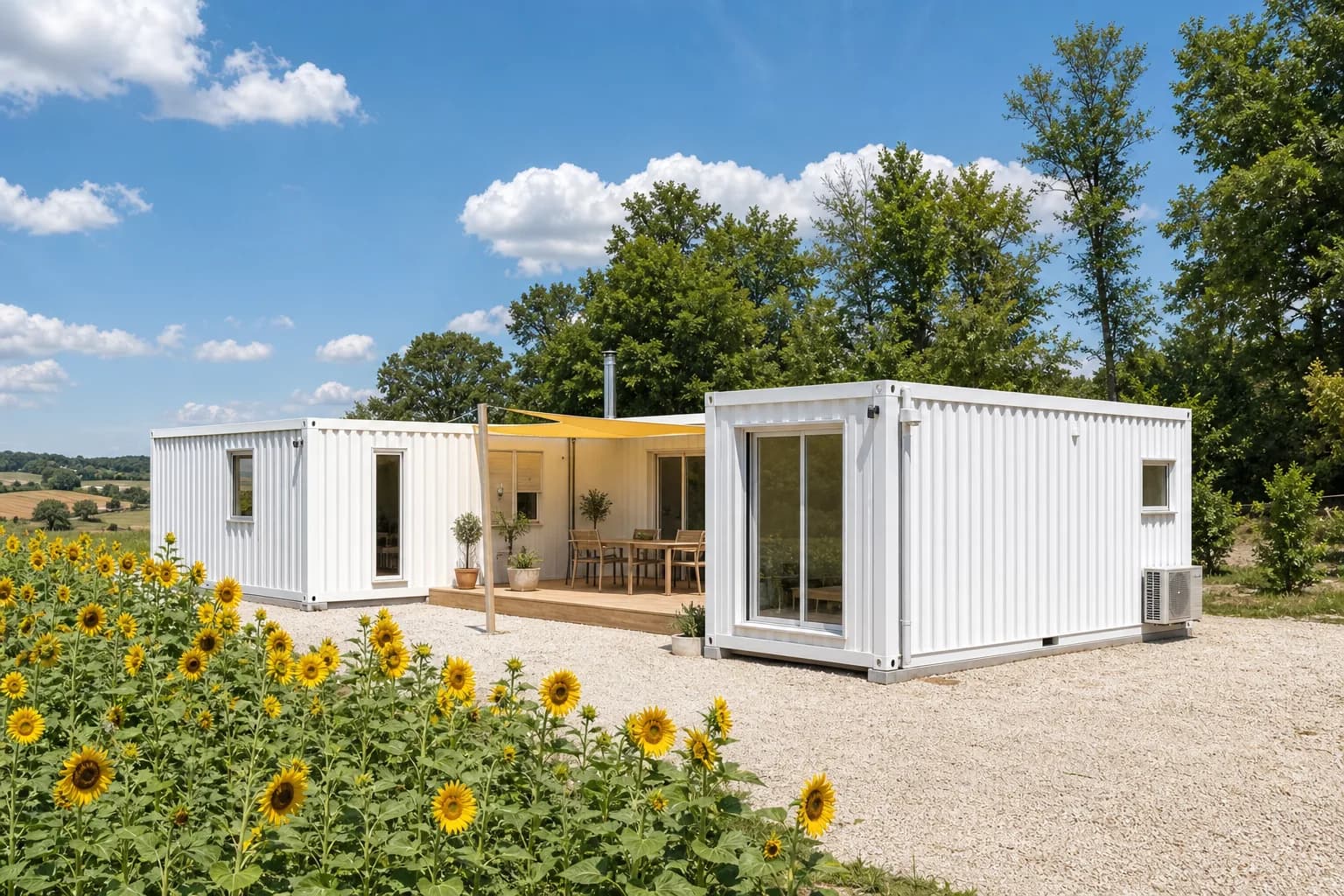 Maison container Duo 56 au bord d'un champ de tournesols