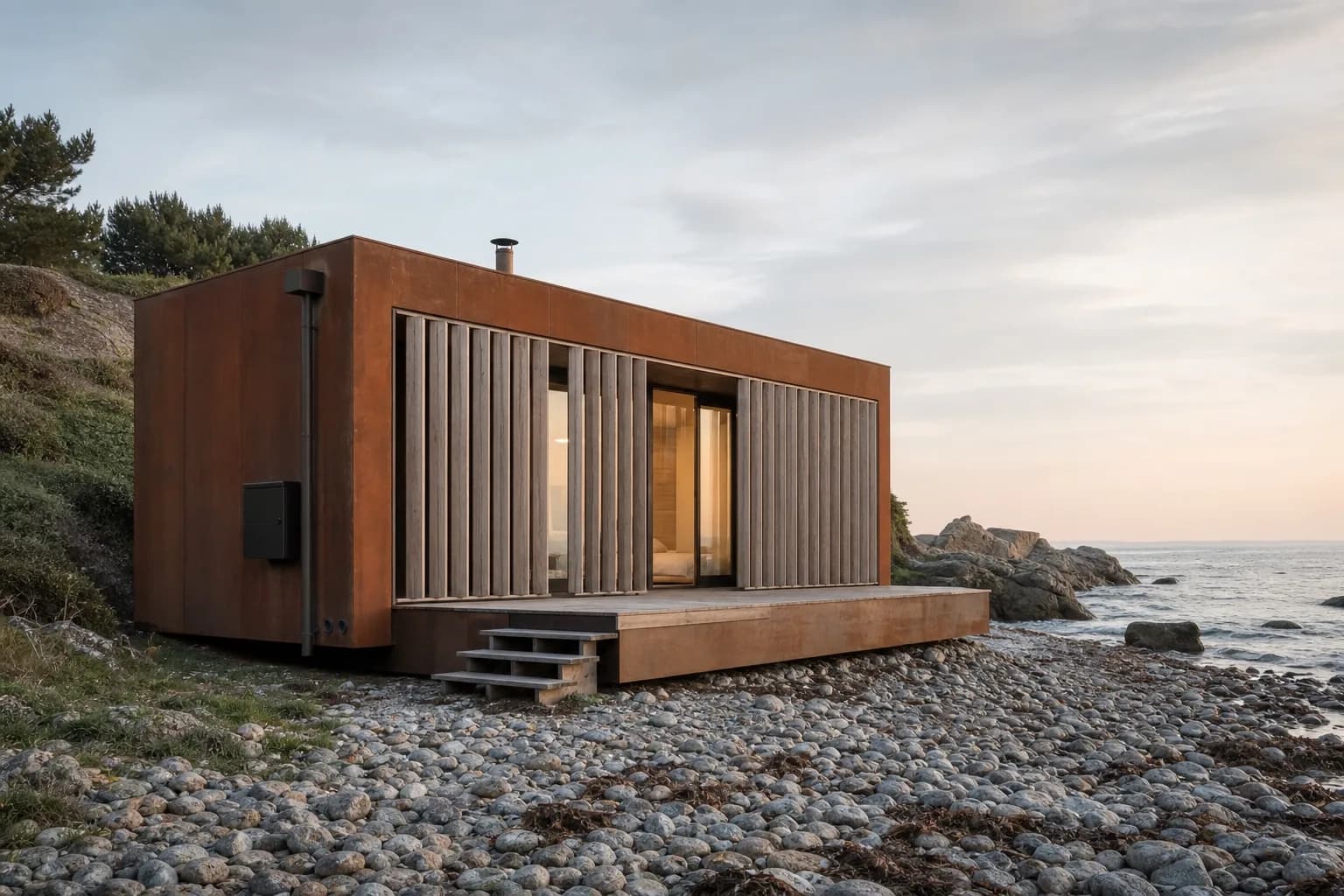 Maison container Studio 28 sur une plage bretonne
