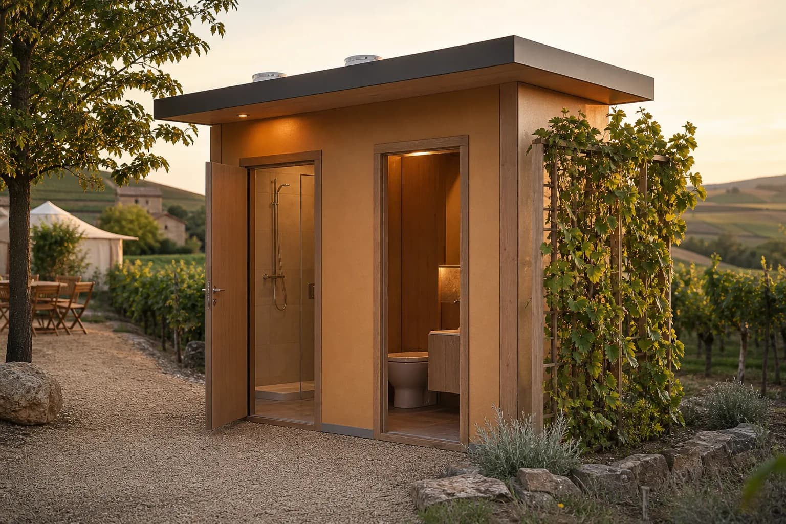 Bloc WC douche dans un camping viticole