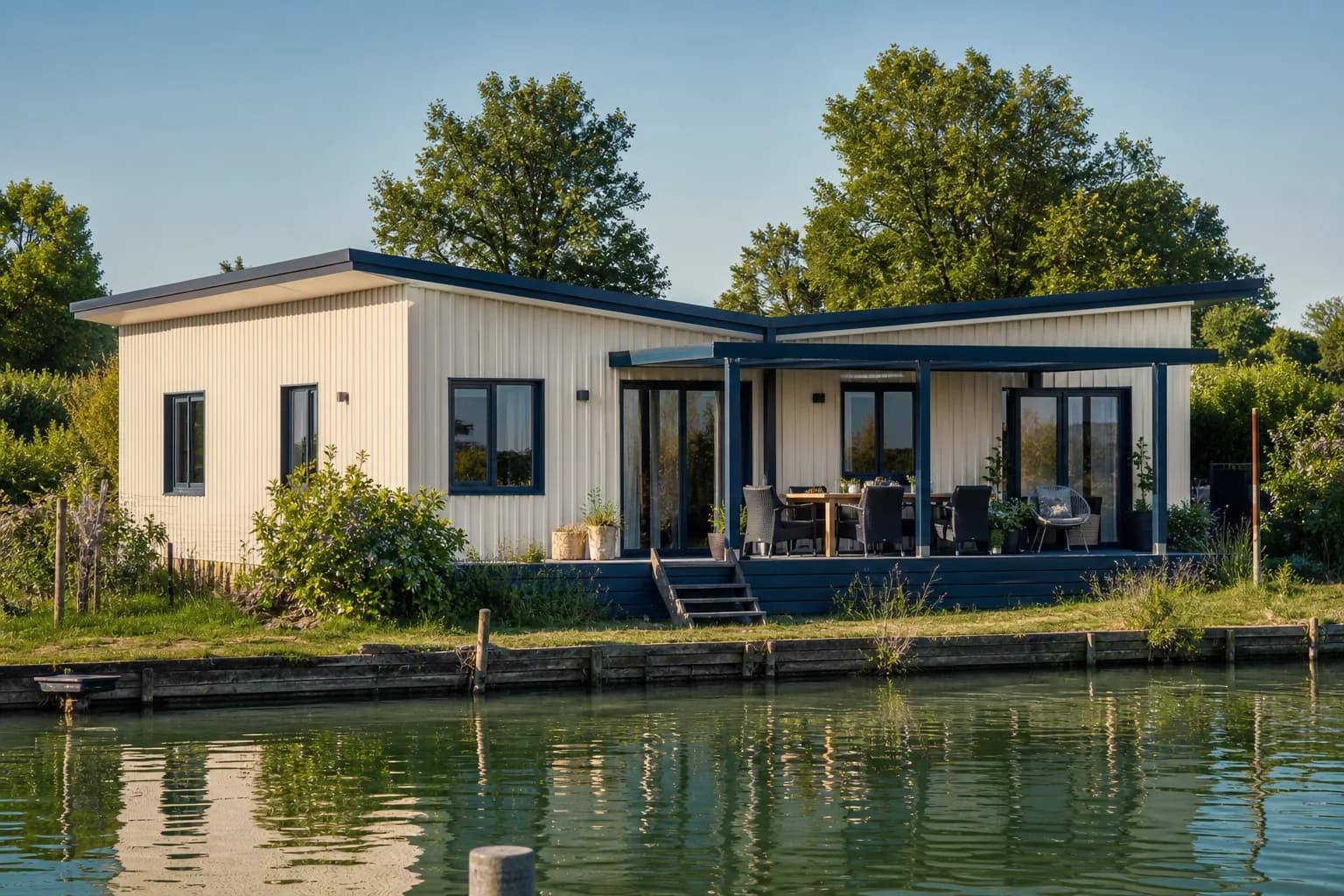 Maison acier léger Plain-pied 80 au bord d'un canal