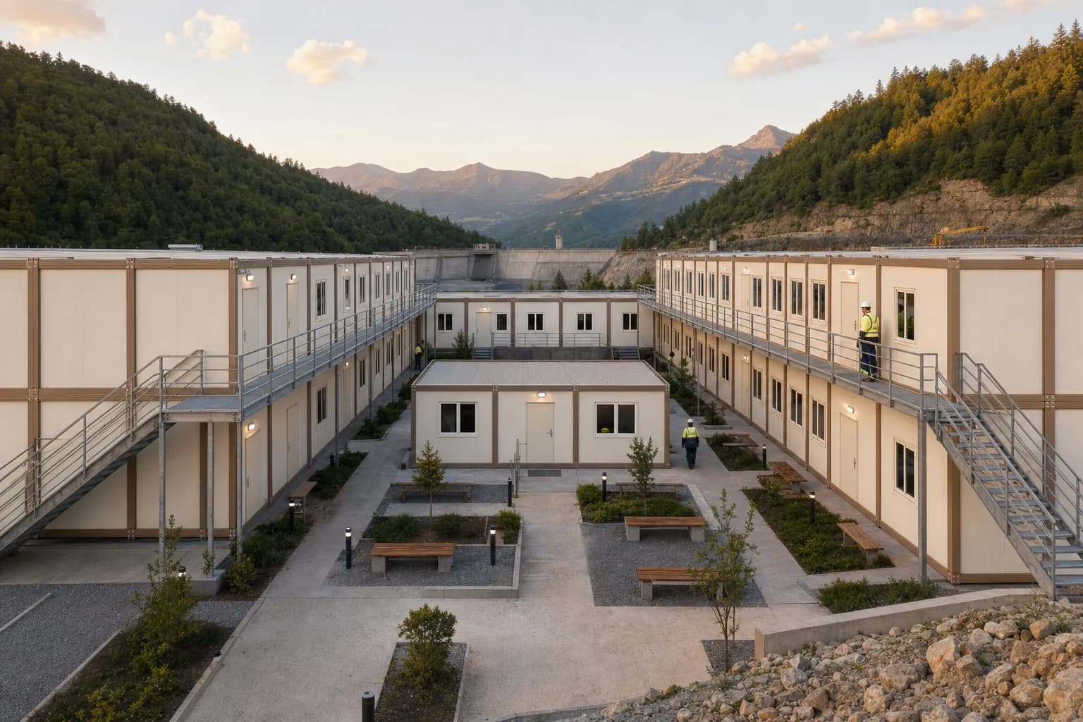 Complexe d'hébergement de chantier composé de conteneurs Karmod dans les Pyrénées