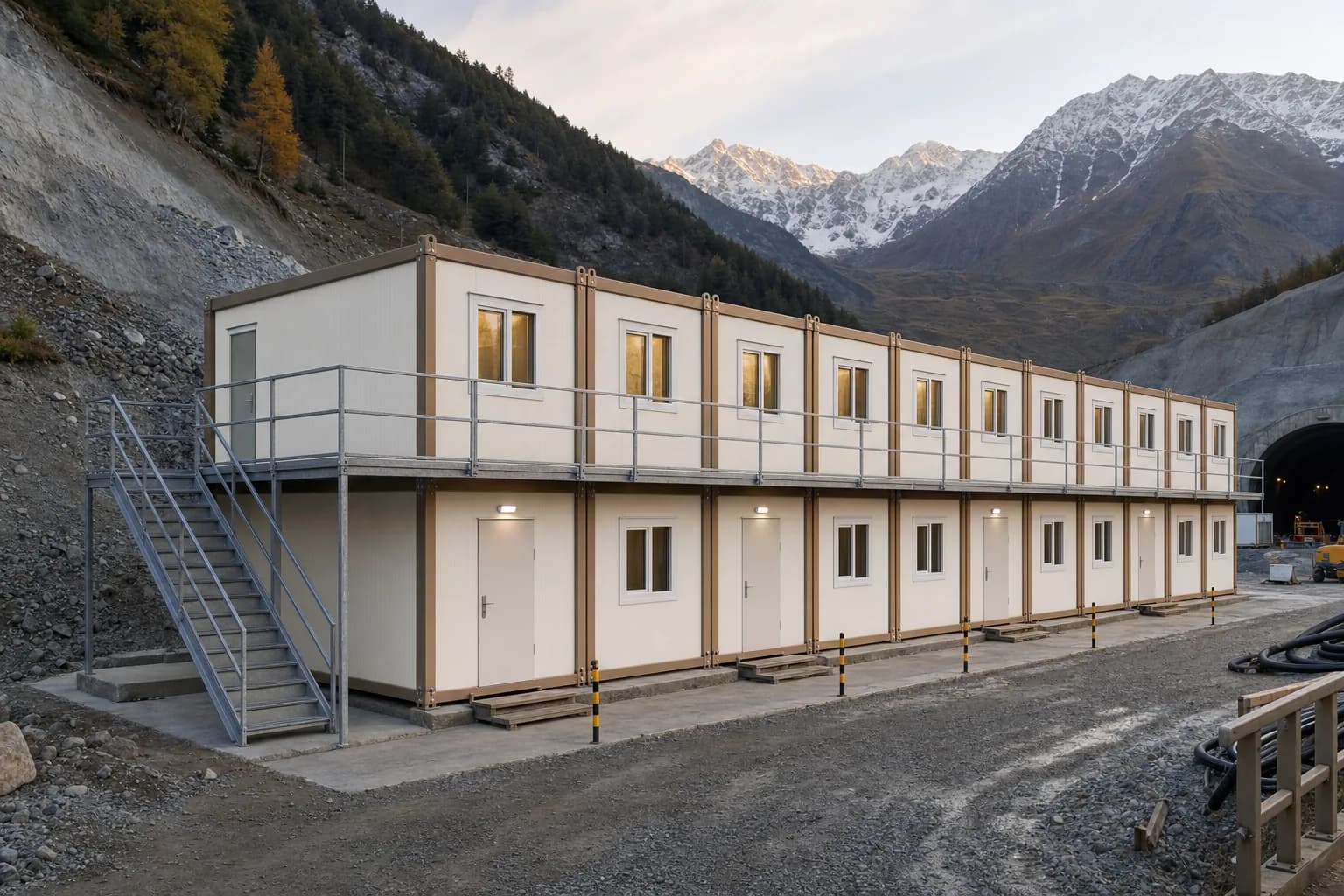 Dortoir de chantier à deux niveaux composé de conteneurs Karmod dans les Alpes