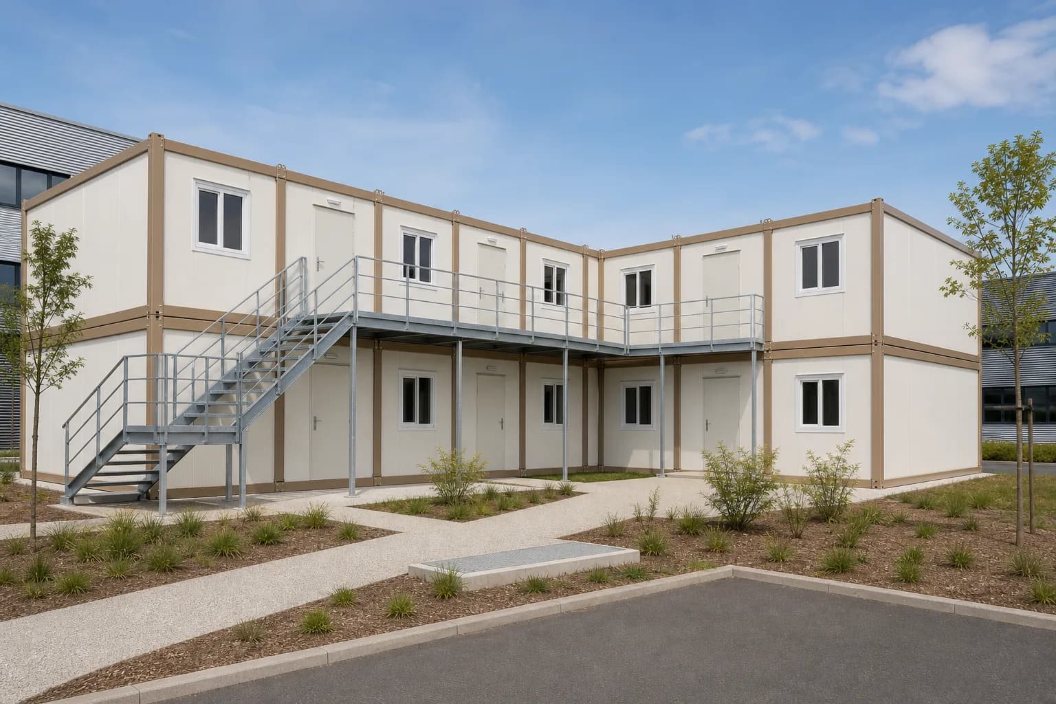 Bâtiment modulaire à deux niveaux composé de conteneurs Karmod près de Lyon