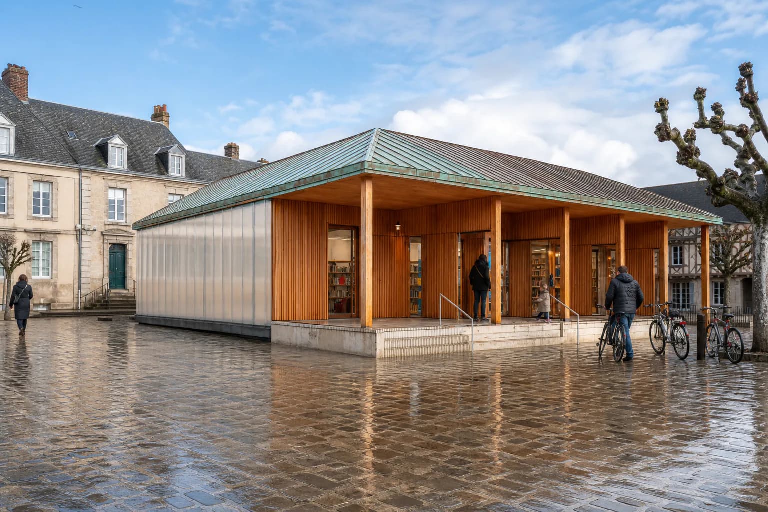 Entrée accessible d'une médiathèque modulaire en Normandie