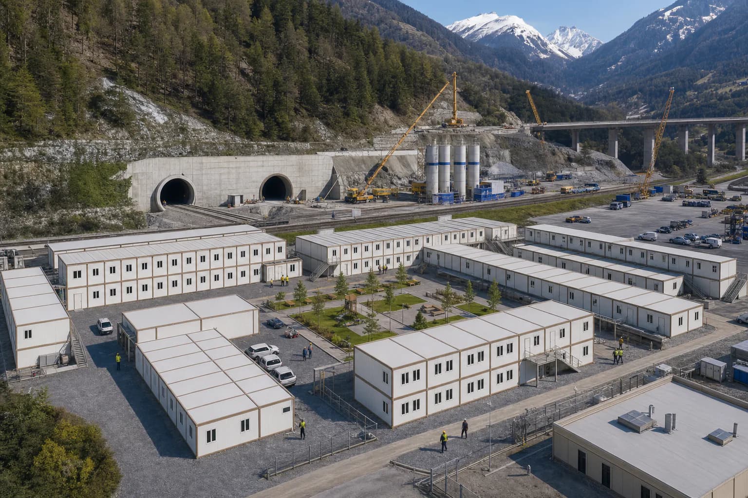Base Karmod de 700 personnes pour un chantier ferroviaire et un tunnel alpin