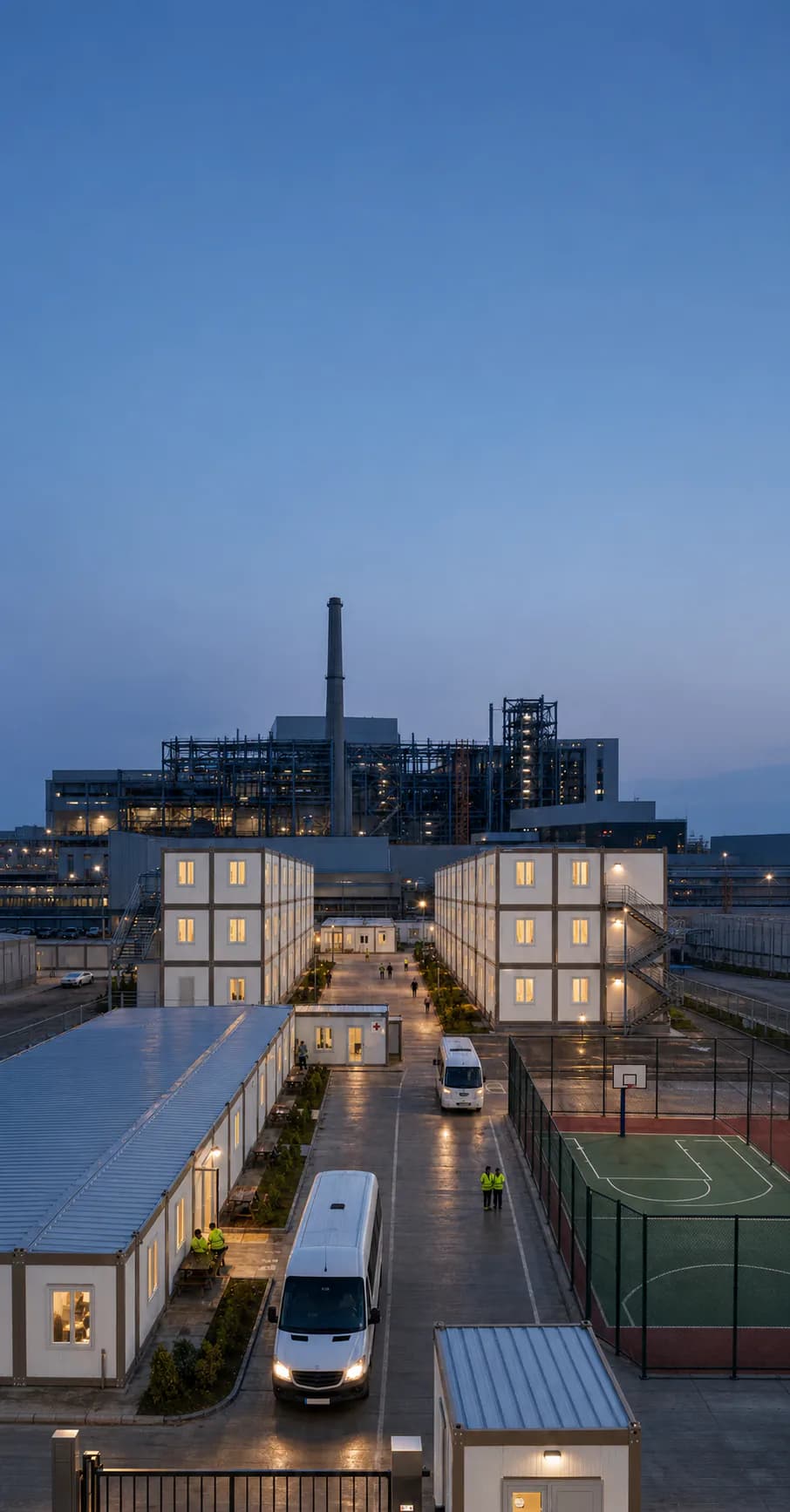 Mobilisation Karmod de 250 personnes près d'une usine avec espace de ciel pour un slogan