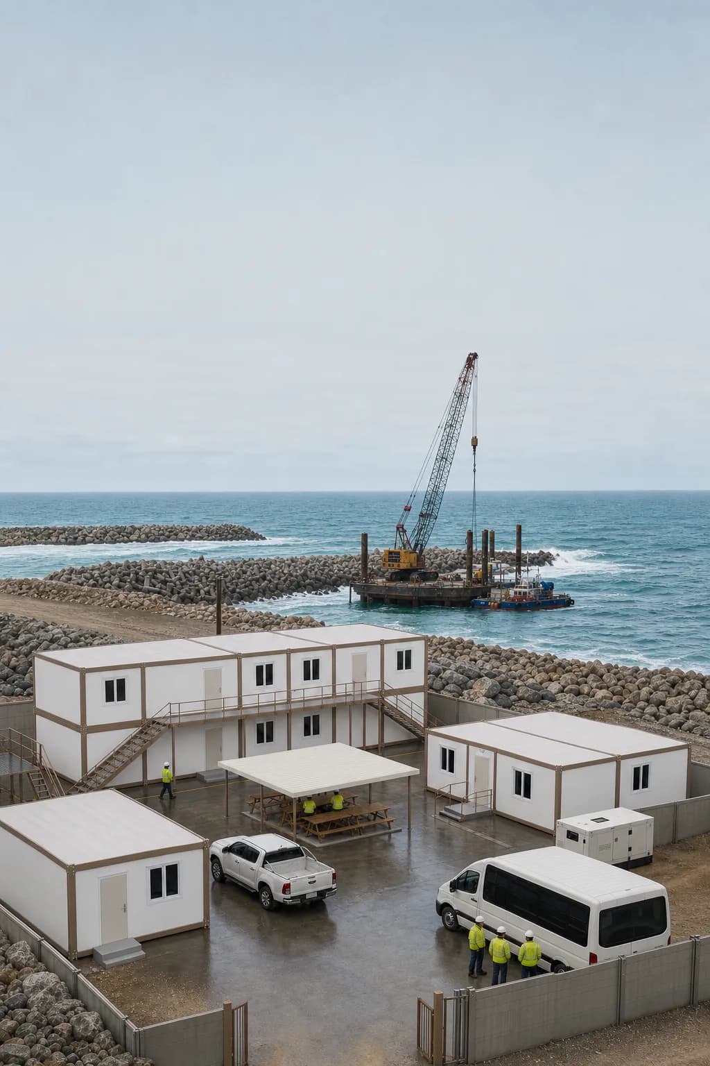 Base Karmod de 80 personnes sur une digue portuaire avec espace de ciel pour un slogan