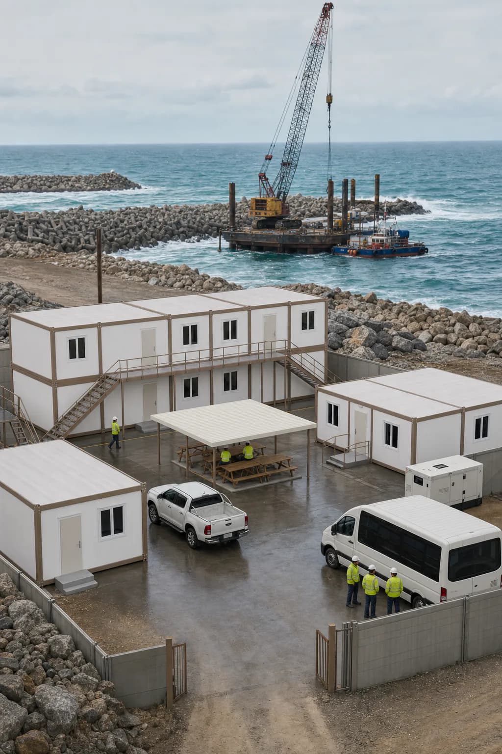 Base Karmod verticale de 80 personnes pour un chantier de digue portuaire