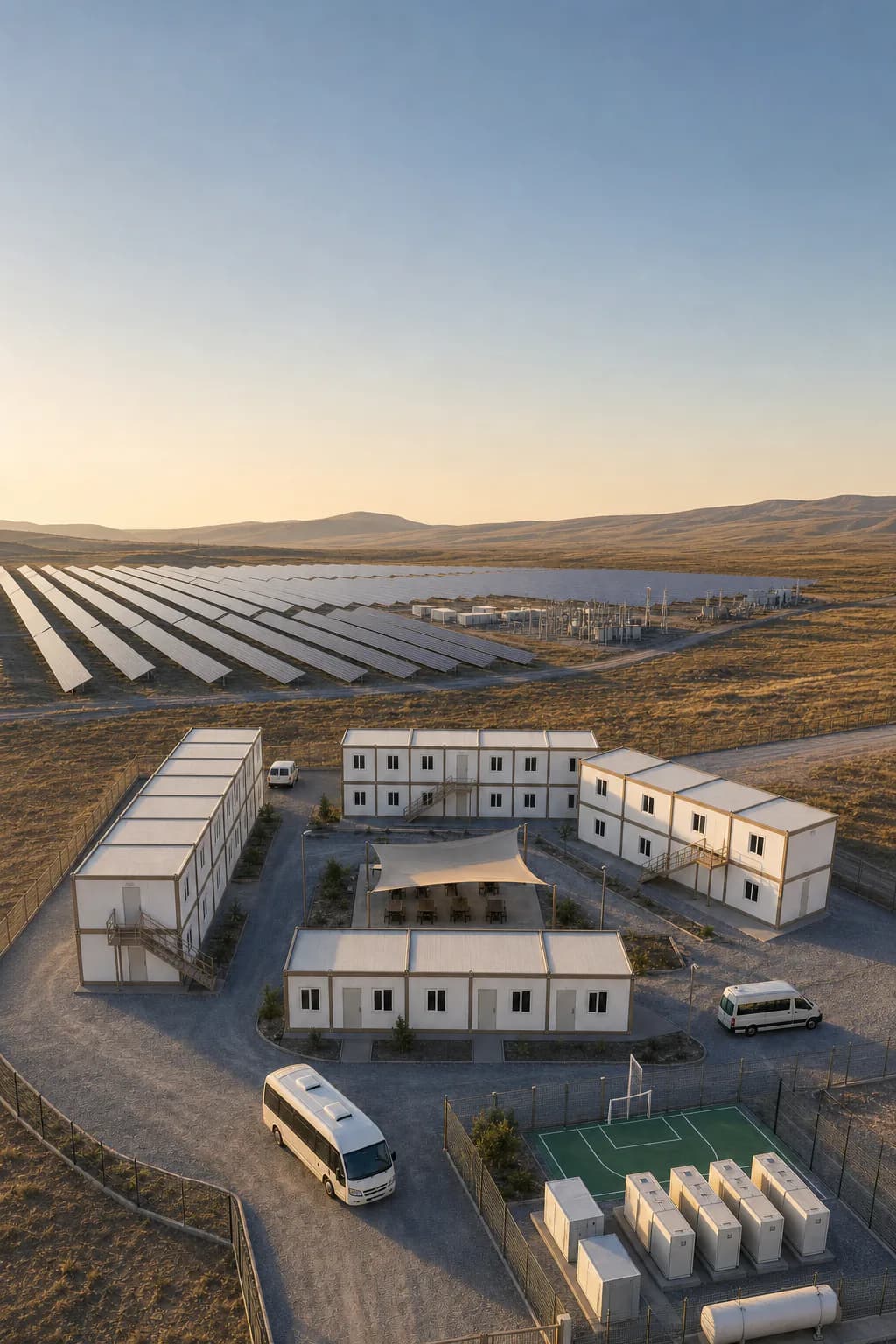 Camp Karmod de 150 personnes près d'une centrale solaire avec espace de ciel pour un slogan