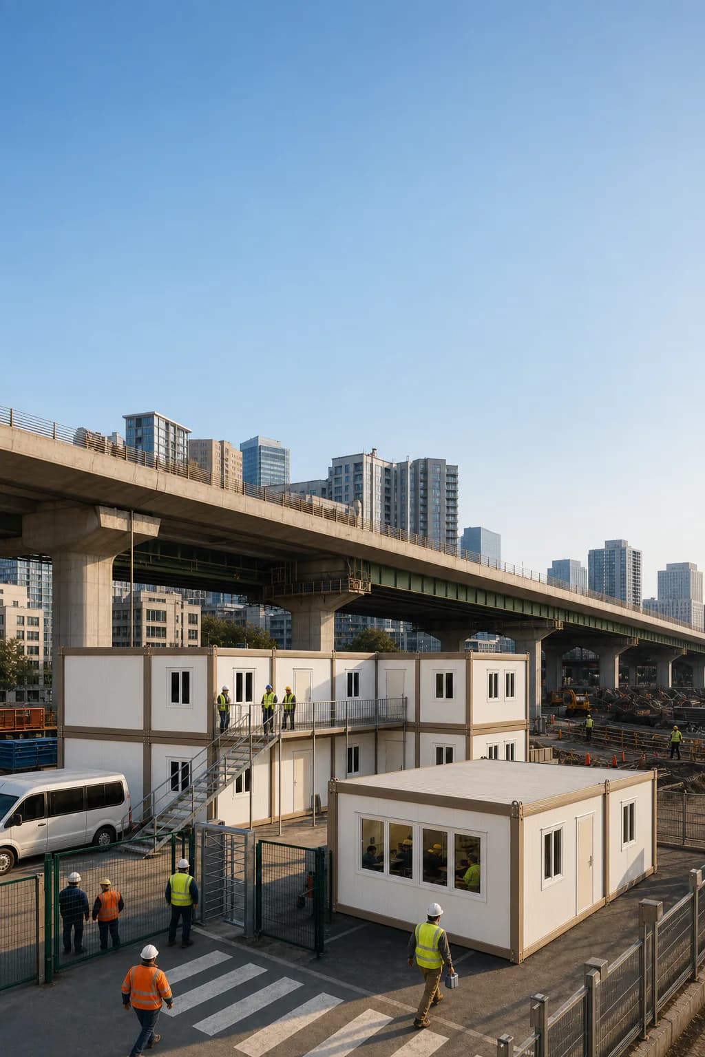 Base Karmod de 60 personnes sous un viaduc urbain avec espace de ciel pour un slogan