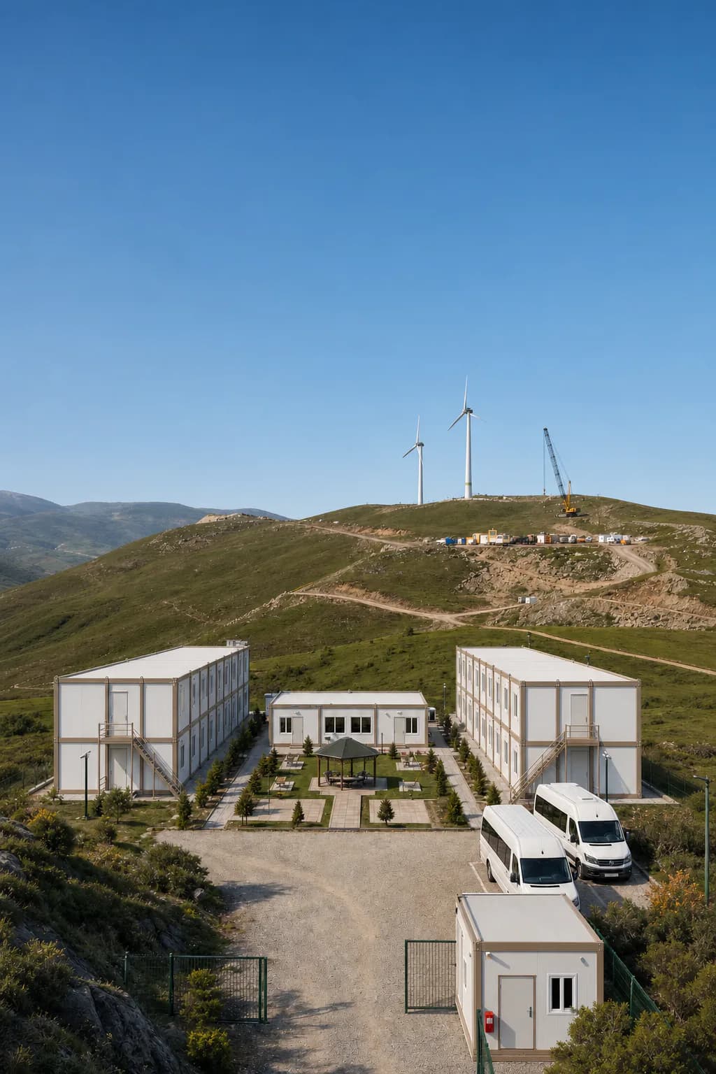 Camp Karmod de 100 personnes sur un chantier éolien avec espace de ciel pour un slogan