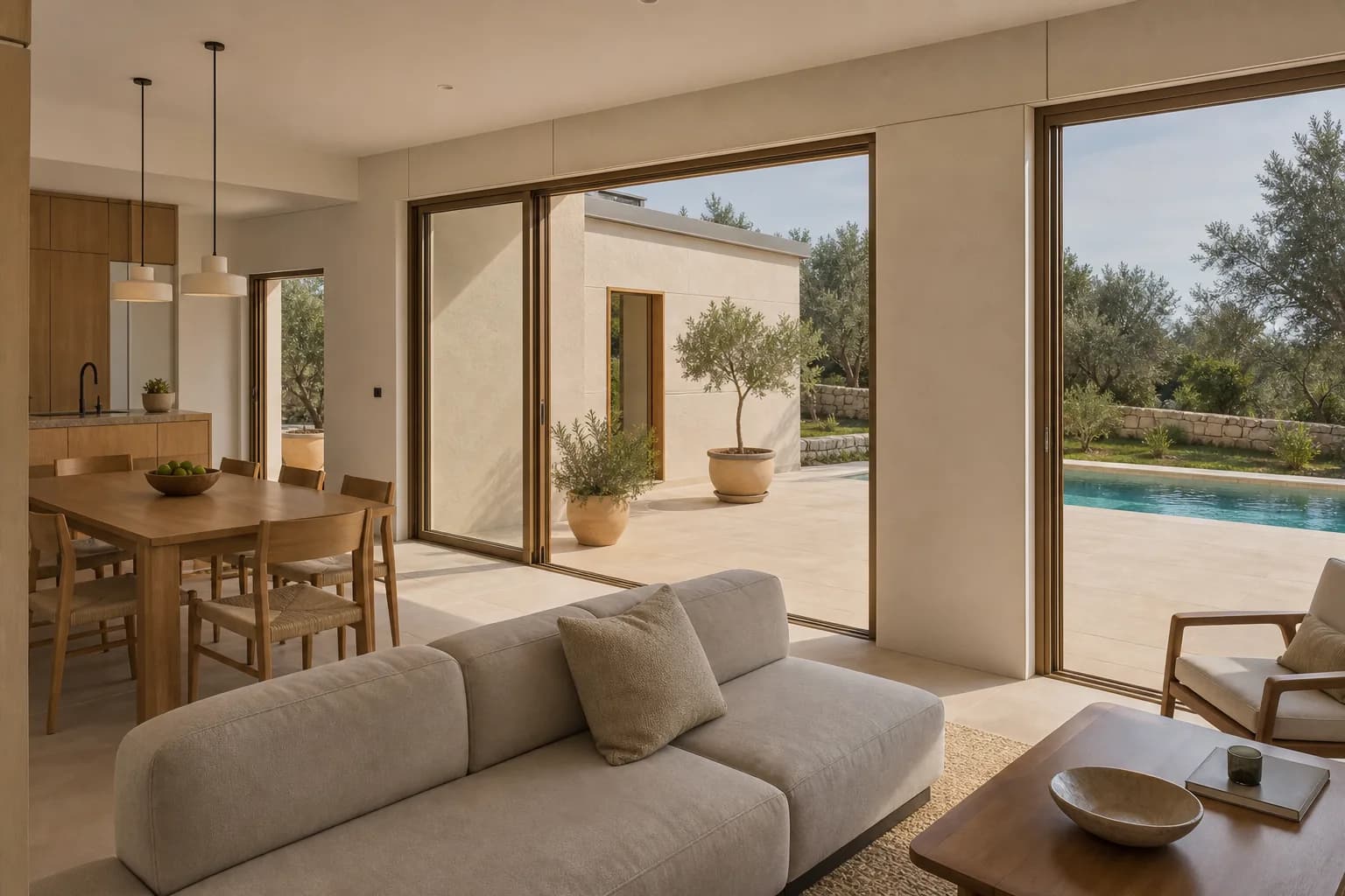 Séjour ouvert sur le patio d'une maison préfabriquée à Aix-en-Provence