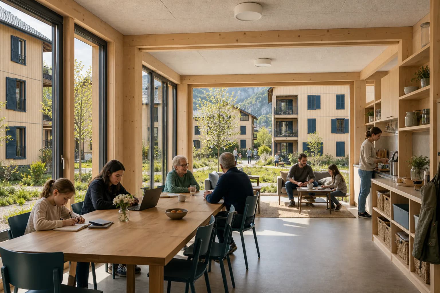 Espace commun lumineux dans un programme de logements collectifs préfabriqués