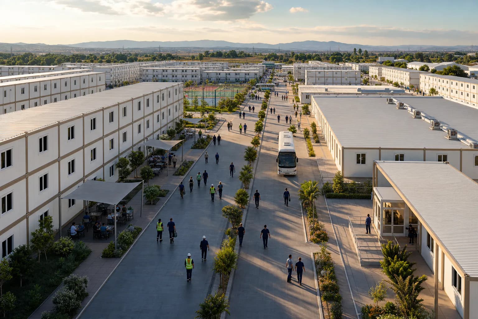 Avenue centrale et services d'un camp modulaire de 2 000 personnes