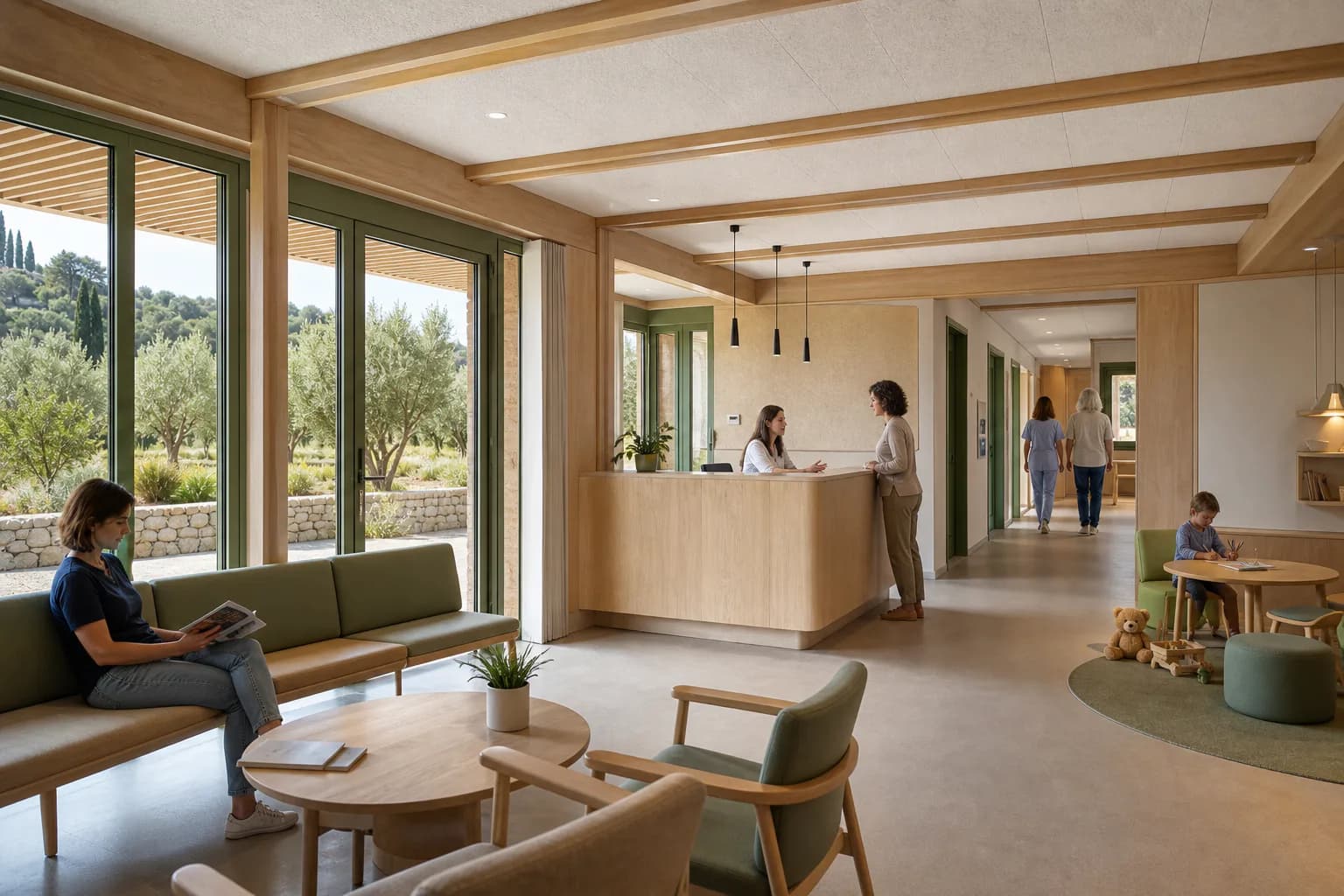 Accueil intérieur d'un centre de santé public préfabriqué