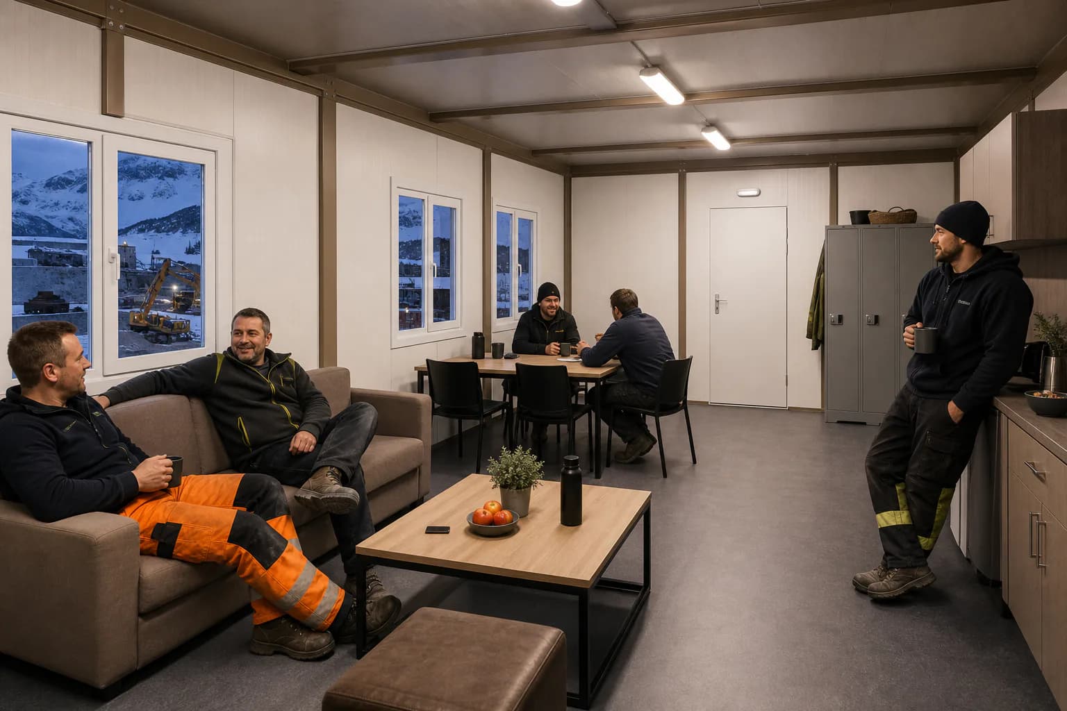Espace de repos aménagé dans une base vie en conteneurs Karmod